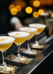 Obraz premium A lineup of glasses filled with yellow cocktails topped with foam is displayed on a bar counter. The vibrant yellow drinks create a visually appealing pattern, highlighted by the uniformity of the arr