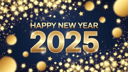 banner with the text "Happy New Year 2025" in gold. There are gold-colored circles scattered around the text.