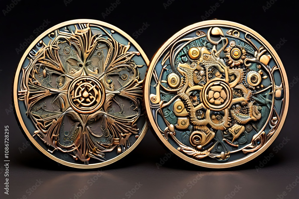 Poster coins with fractal patterns a mix of tangible objects and comple