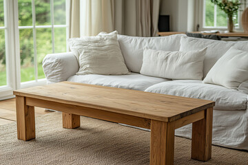 Serene living room interior with soft sunlight, neutral tones, rustic wooden table, plush beige sofa, white cushions, and a floral arrangement in a glass vase