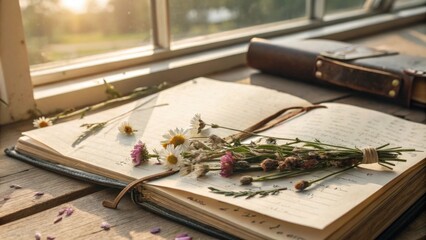 Sunlit journal adorned with wildflowers by the window