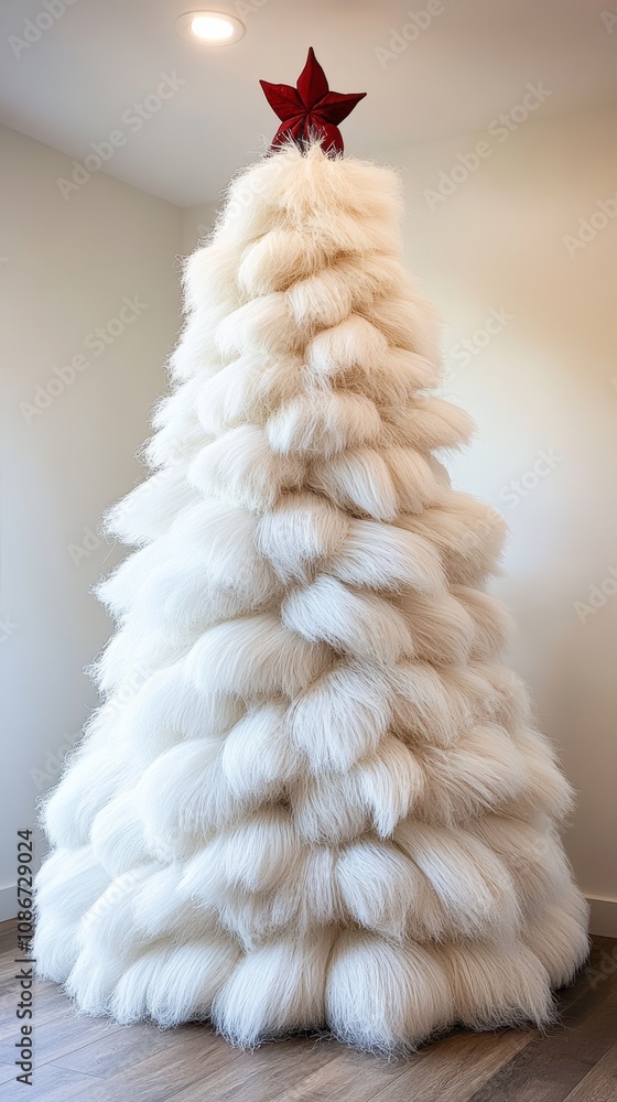 Poster white christmas tree with a red star on top. the tree is made of yarn and has a fuzzy texture