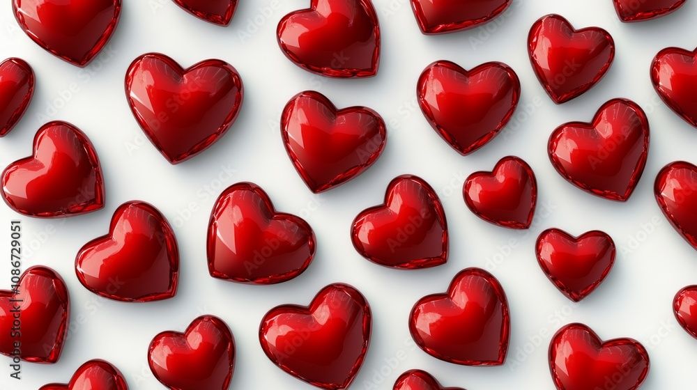 Poster close up of many red hearts on a white background. the hearts are all different sizes and are arrang