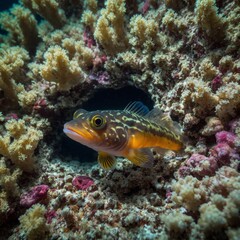 A tiny, vibrant goby fish peering out of a hole in a coral reef, cautiously observing.

