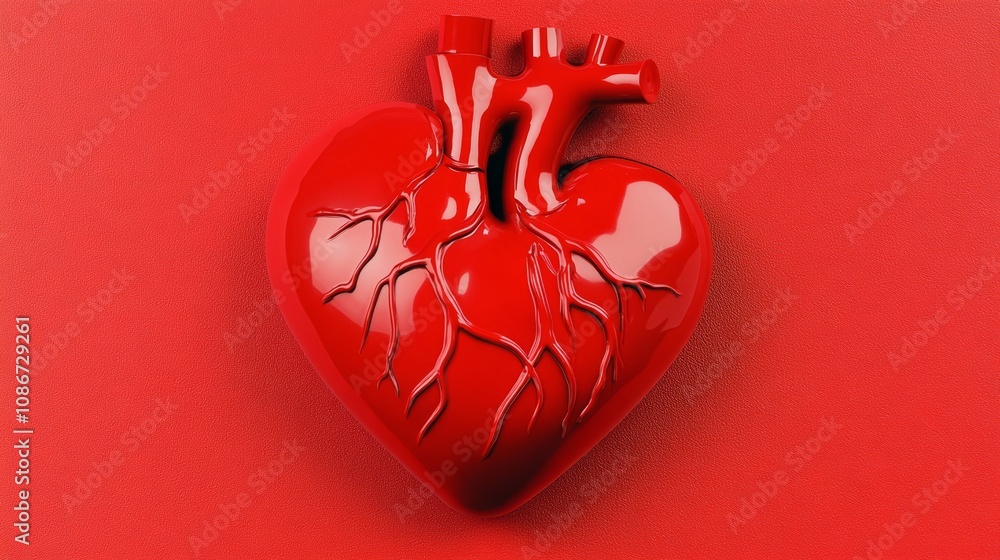 Poster red heart with its stem and branches visible. the heart is surrounded by a red background. the heart