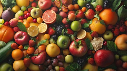 A vibrant assortment of fresh fruits and vegetables, showcasing a colorful display of nature's bounty.