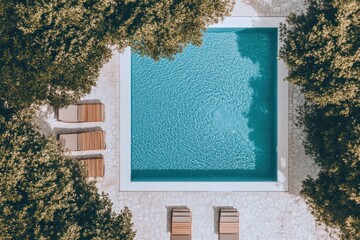 Aerial view of a serene swimming pool surrounded by trees and lounge chairs.