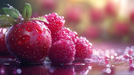 Fresh and vibrant strawberries and raspberries glistening with droplets of water.