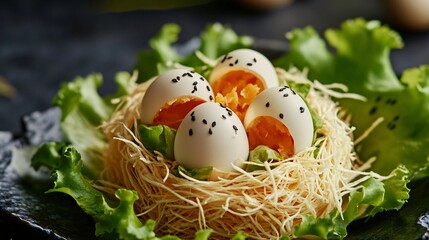 Gourmet Soft Boiled Eggs in a Crispy Noodle Nest with Sesame Seeds