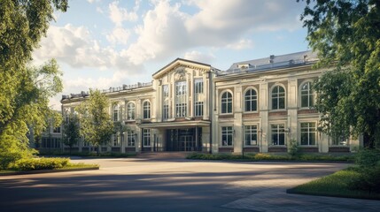 Fototapeta premium A beautiful view of an elegant historic building surrounded by lush greenery under a clear blue sky.