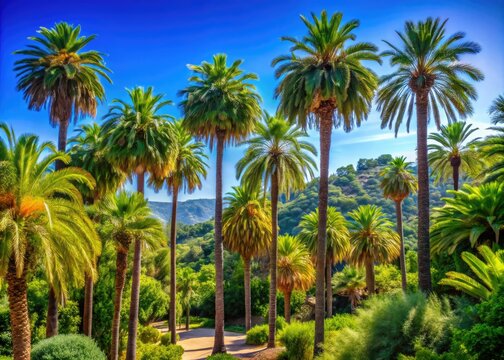 Lush palm trees tower under a vibrant blue sky, set amongst scenic wooded hills in the serene Pinya de Rosa Botanical Park, Blanes, Spain.