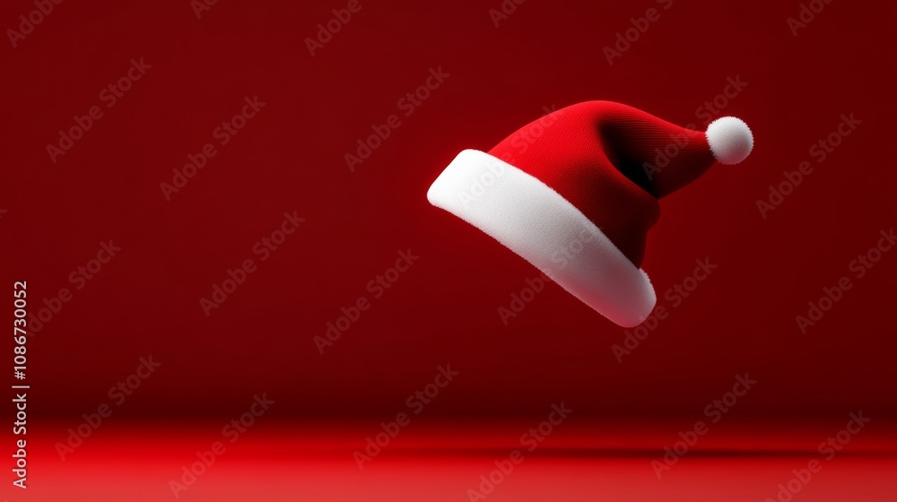 Poster red background with a red hat on top of it. the hat is floating in the air