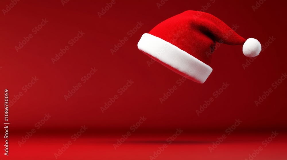 Poster red background with a red hat on top of it. the hat is upside down and he is floating in the air