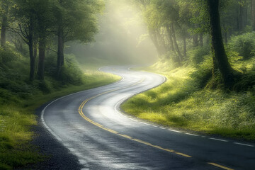 Obraz premium Serene Tree-Lined Road Surrounded by Lush Greenery with a Carpet of Fallen Leaves