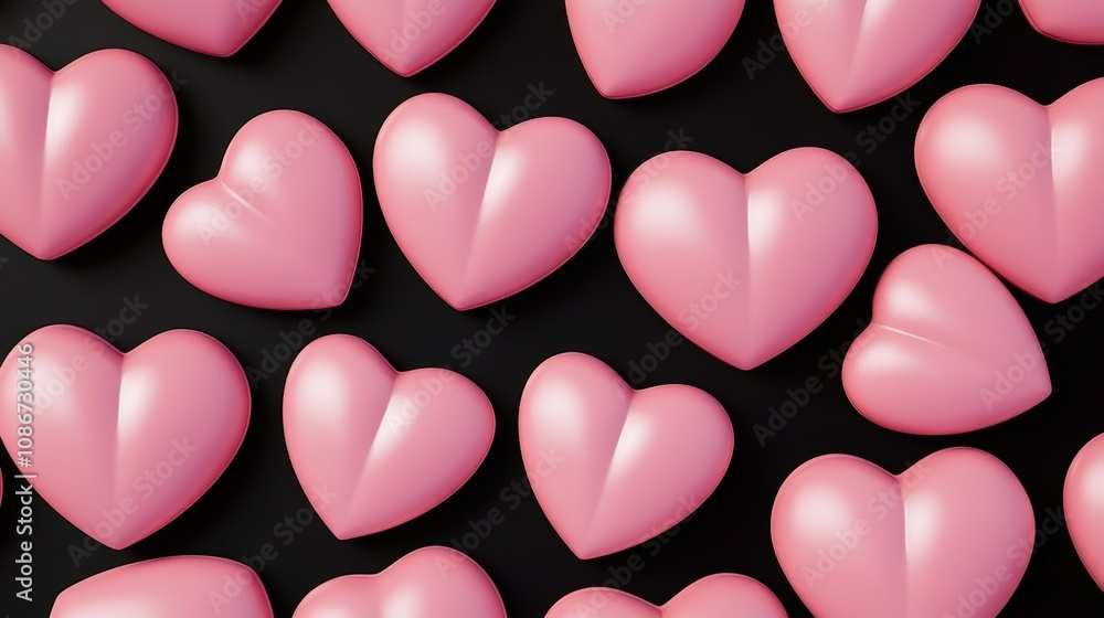 Poster row of pink hearts are arranged in a pattern on a black background. the hearts are all the same size