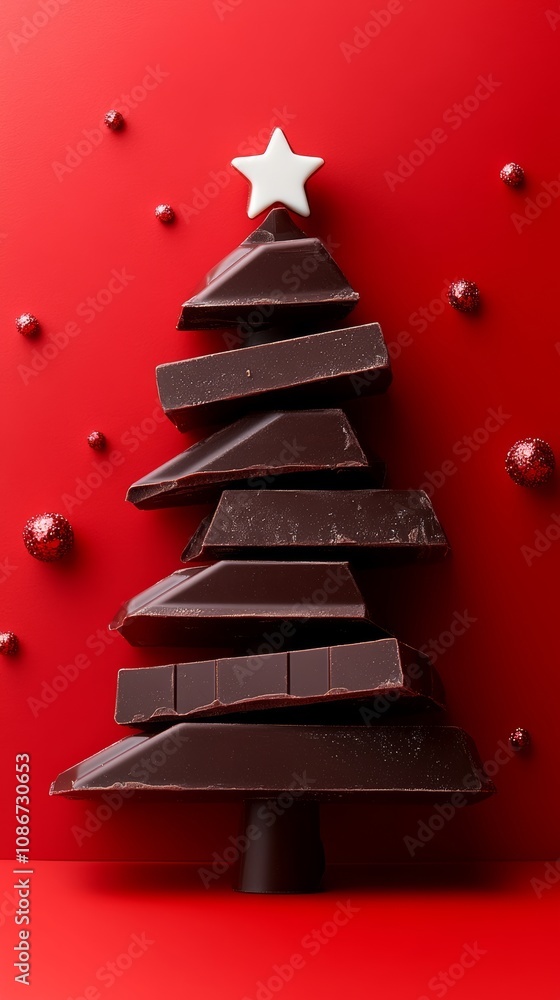 Poster chocolate tree with a star on top is displayed on a red background. the tree is made of chocolate ba