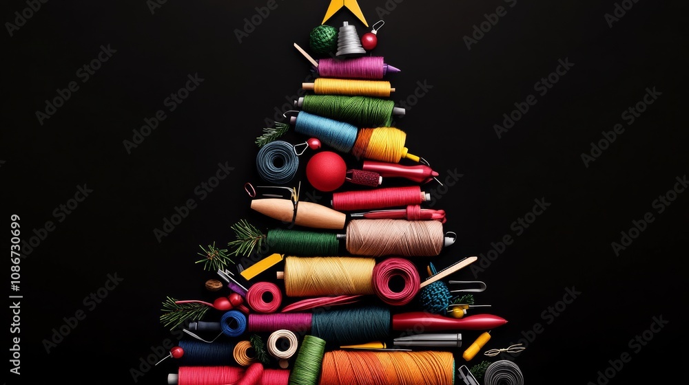 Poster christmas tree made out of colorful threads and yarn. the tree is made up of many different colored 