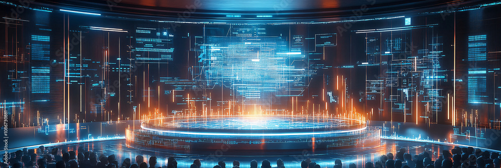 Poster transparent floating podium surrounded by glowing charts and diagrams, addressing rows of attendees 