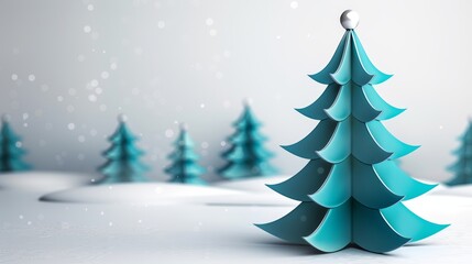 blue paper Christmas trees in a winter wonderland with snowflakes gently falling, banner, copy space