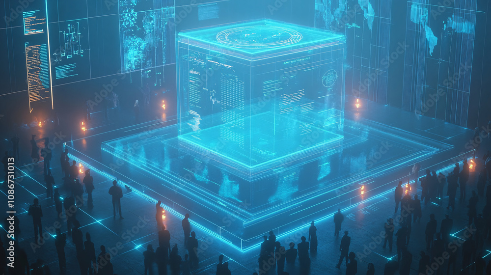 Poster transparent floating podium surrounded by glowing charts and diagrams, addressing rows of attendees 