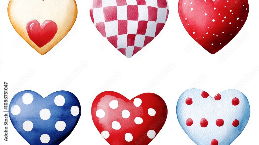 Poster collection of hearts with polka dots and red and blue colors. the hearts are arranged in a row, with