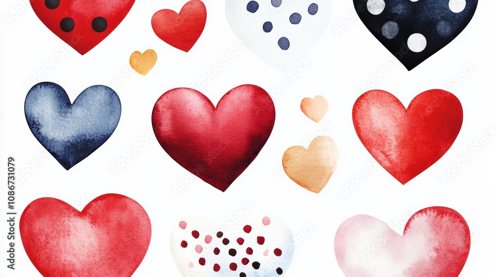 Poster collection of hearts with polka dots and red and blue colors. the hearts are arranged in a pattern a