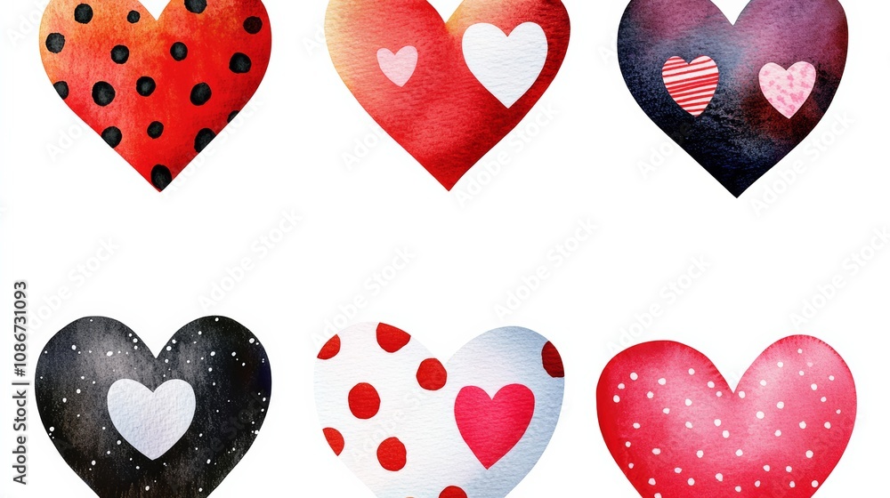 Poster collection of hearts with polka dots and red hearts. the hearts are arranged in a row and are of dif