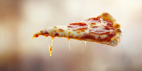 Slice of pepperoni pizza is in the air, with melted cheese dripping from it. The pizza is being held by a person, who is likely enjoying a delicious meal. Concept of indulgence and satisfaction