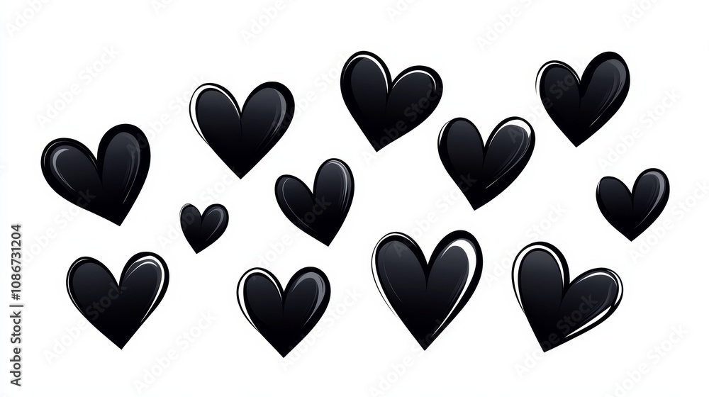 Poster row of black hearts are drawn in a row on a white background. the hearts are all different sizes and