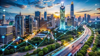 Aerial Photography of Urban Landscapes Featuring Line Graphs and Data Analysis Representations for Business Insights and Market Trends Visualization