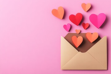 Pink background with a brown envelope full of hearts. The envelope is open and the hearts are scattered all over the envelope