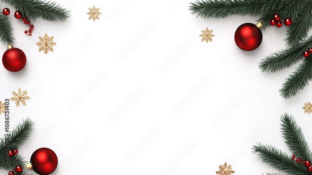 Poster white background with red and gold ornaments and snowflakes. the snowflakes are scattered around the