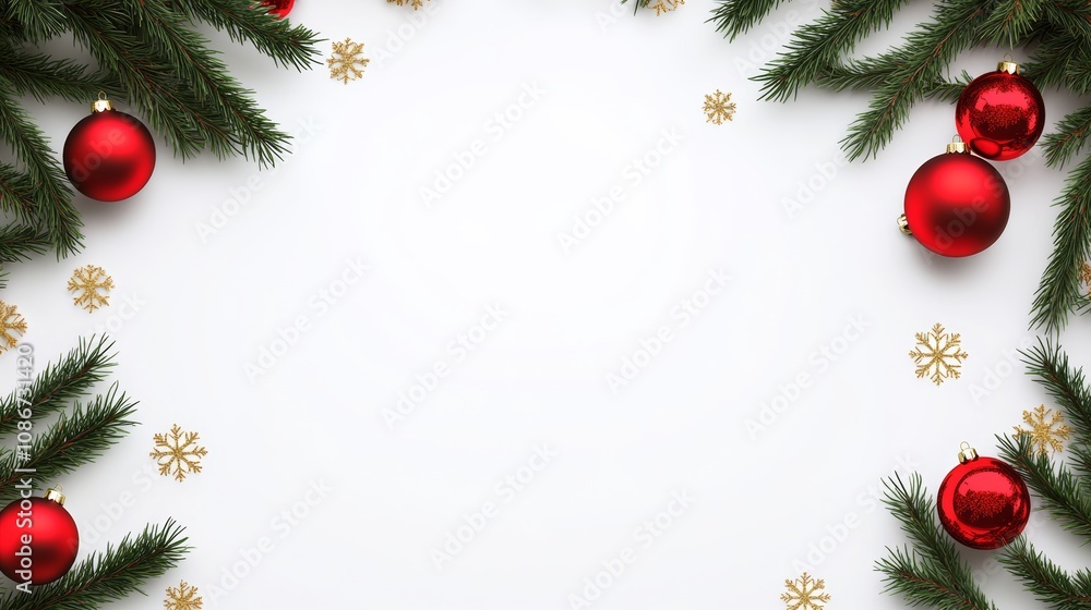 Poster white background with red and gold ornaments and snowflakes. the snowflakes are scattered around the