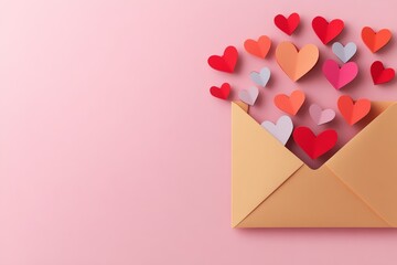 Large envelope is filled with paper hearts. The envelope is on a pink background. The hearts are of different colors and sizes. Concept of love and affection