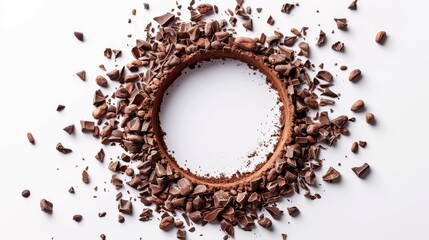 crushed cacao nibs in shape circle isolated on white