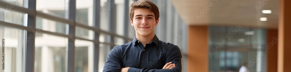Poster a young man stands confidently in a modern building with large windows.