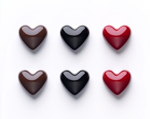 Row of six chocolate hearts, each a different color, are arranged on a white background. The colors include black, brown, and red. Concept of variety and diversity