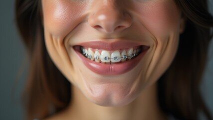 Obraz premium Portrait of a smiling woman with orthodontic braces in close-up. Orthodontics, dentistry