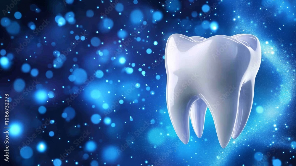 Poster tooth is shown in a blue background with a lot of sparkles. the tooth is white and is the main focus