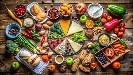 Aerial View of a Colorful Food Groups Chart Displayed on a Wooden Table Surrounded by Fresh Ingredients Representing the Essential Nutritional Categories for a Balanced Diet