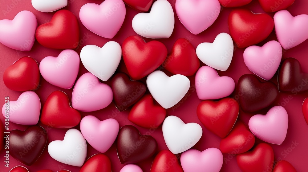 Poster bunch of hearts in different colors, some red and some white. the hearts are arranged in a pattern, 