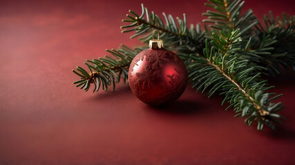 Obraz premium Holiday-themed red background with fir tree details and a soft blurry space for copy