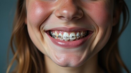 Fototapeta premium Portrait of a smiling woman with orthodontic braces in close-up. Orthodontics, dentistry