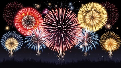 Fototapeta premium Bright, colorful fireworks display, illustration of a spectacular fireworks show, painting the black sky with bursts of light