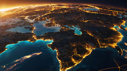 Fototapeta premium Global Connections: A breathtaking aerial perspective of Earth, illuminated by city lights, showcasing the interconnectedness of our world. The image captures the beauty and vastness of our planet.