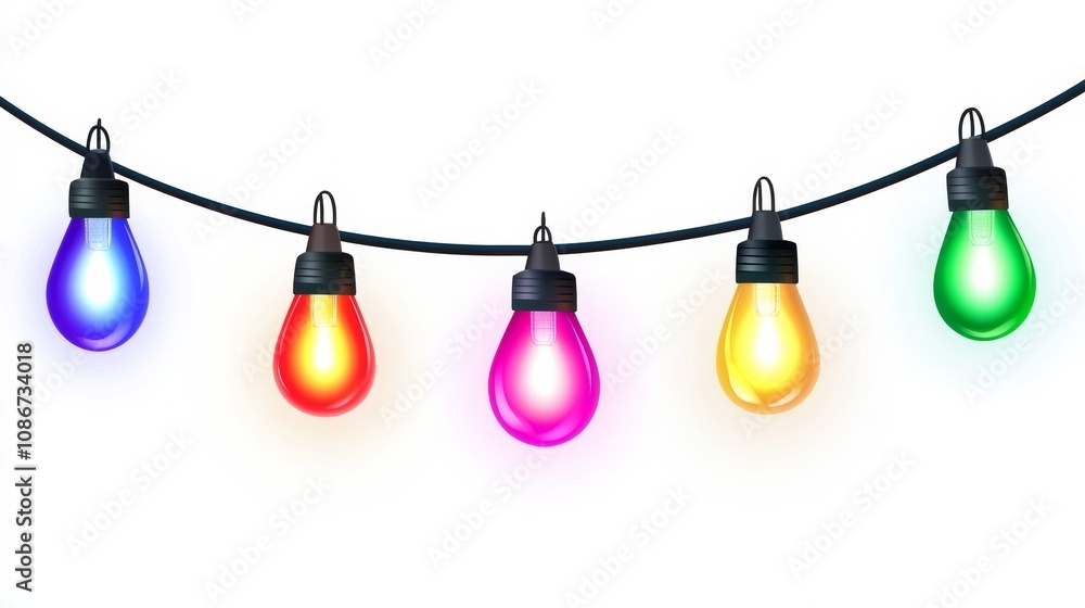 Poster string of colorful lights hanging from a wire. the lights are of different colors and are arranged i