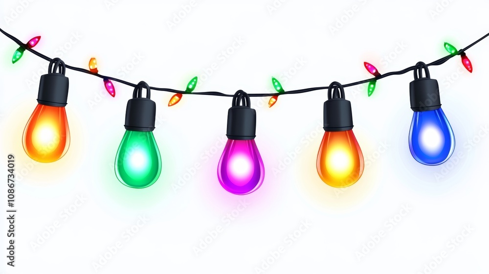 Poster string of colorful lights with a white background. the lights are of different colors and are arrang