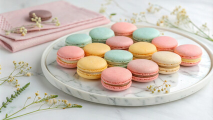 Fototapeta premium Freshly made macarons in pastel colors on marble plate, beautifully arranged