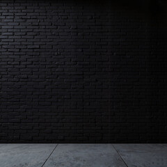 Dark black brick wall with concrete floor, minimalist industrial backdrop