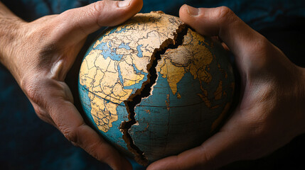 Two hands holding a cracked globe, each pulling it in opposite directions, representing global political struggles 